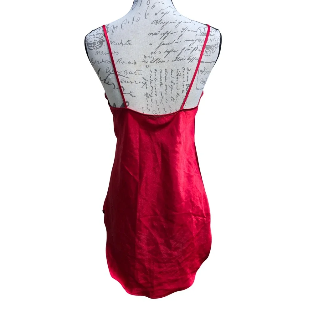 Victoria's Secret Gold Label Vintage Red Satin Lace Trim Chemise Slip Dress S